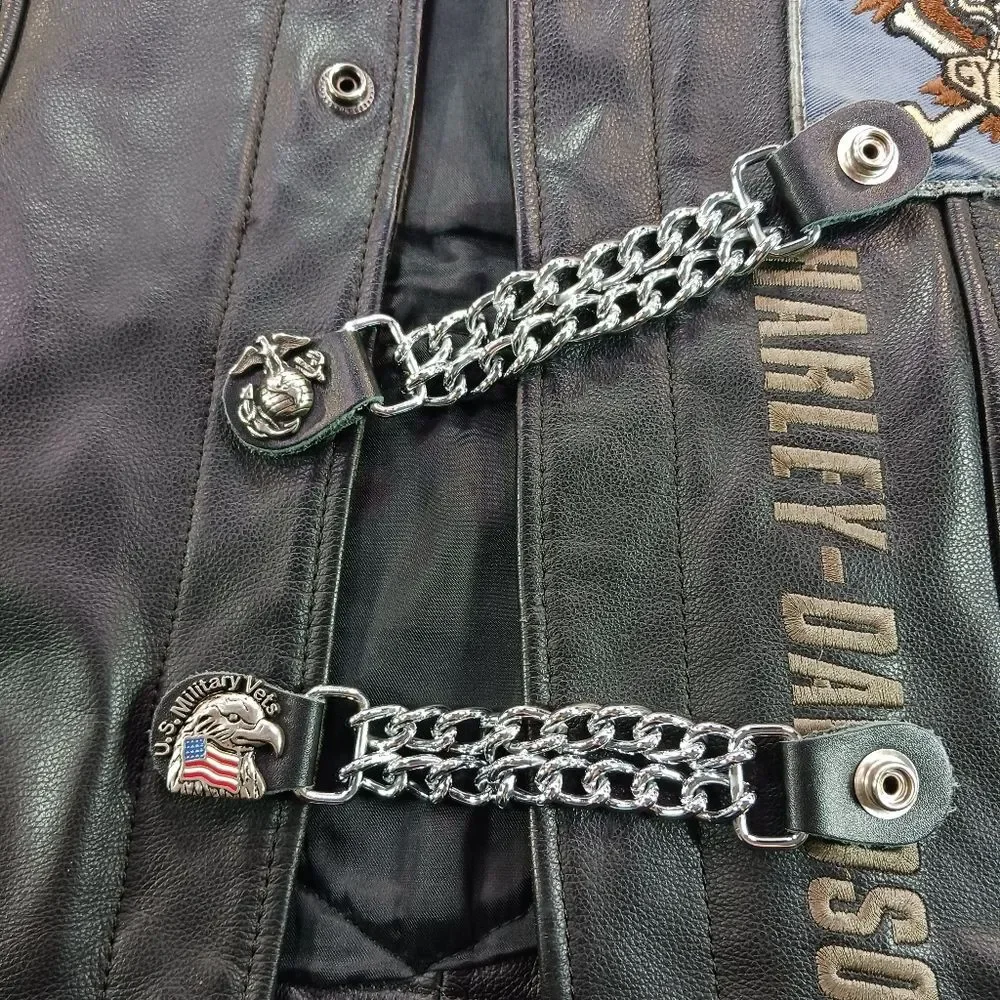 Harley-Davidson Men's Black Leather Biker Vest - Patches & Pins, USMC Veteran L. - Picture 12 of 16